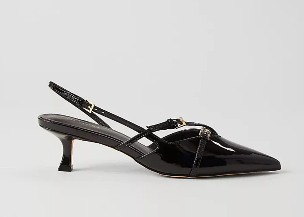 NWOB Ann Taylor Strappy Pointy Toe Patent Pump Black 6M Gold Buckles - Picture 2 of 6